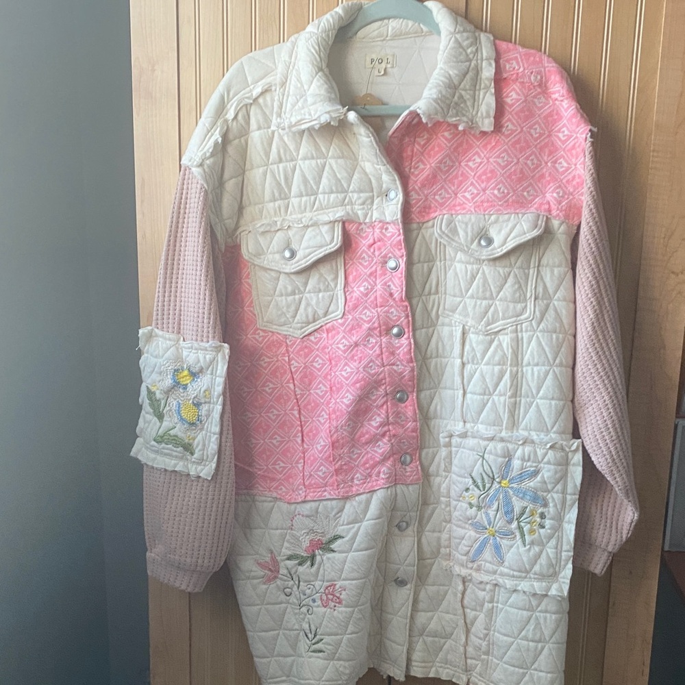 POL Pink and Cream Embroidered Utility Jacket Women’s Size Large NWT